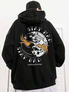 1 Piece Hoodie, Skull Pattern Printed Hoodie With Pockets, Men's Casual Long Sleeve Drawstring, Autumn Winter - White And Navy Off-The-Shoulder Cropped Top - Unisex,Fall Hoodies,Men's Fall Clothes,Street Wear,Halloween,Mens Hoodies,Y2k Clothes,Jesus Hoodie,Thanksgiving Day,Nightmare Before Christmas,Christmas - 黑色 - 查看 1