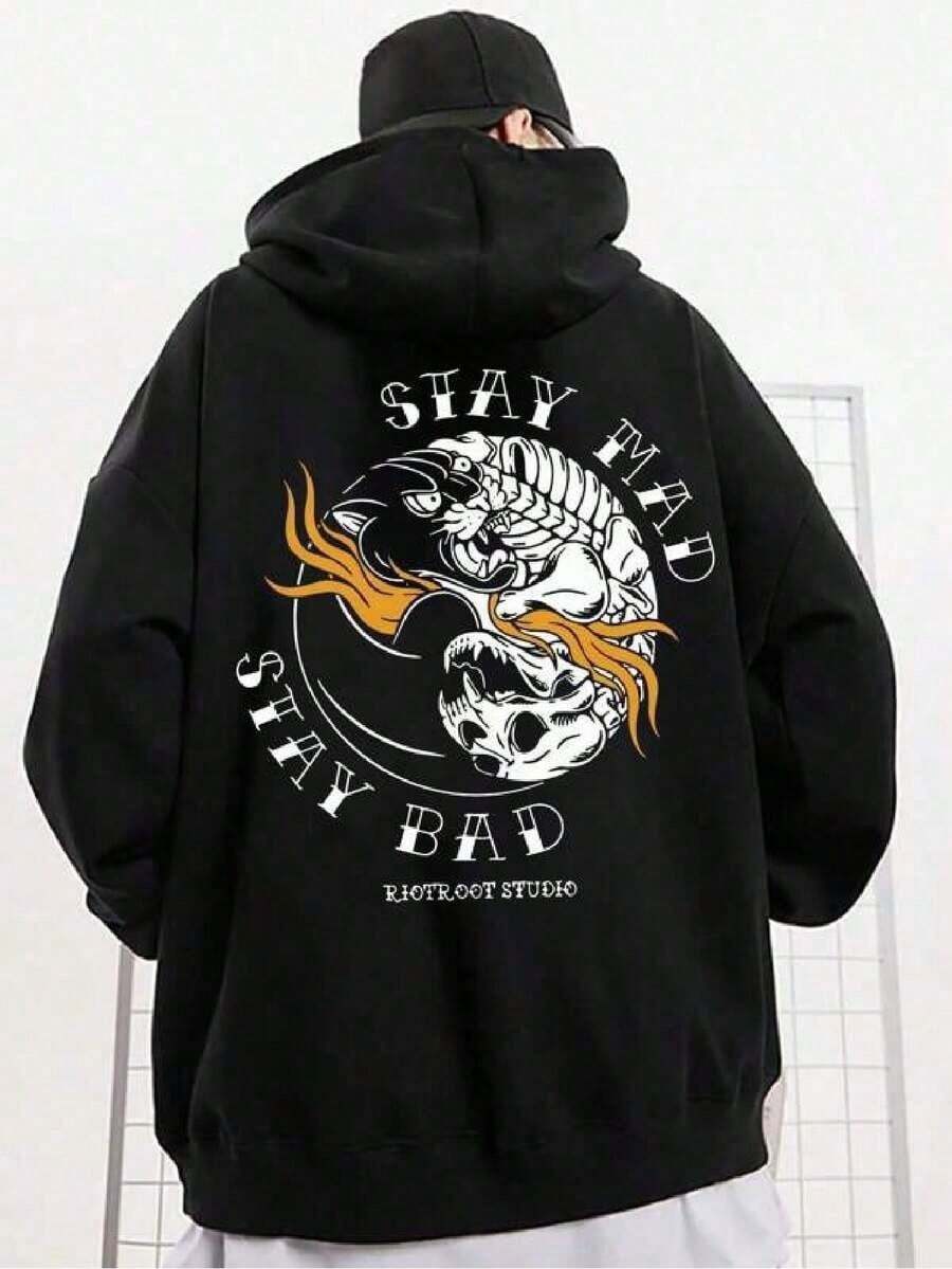 1 Piece Hoodie, Skull Pattern Printed Hoodie With Pockets, Men's Casual Long Sleeve Drawstring, Autumn Winter - White And Navy Off-The-Shoulder Cropped Top - Unisex,Fall Hoodies,Men's Fall Clothes,Street Wear,Halloween,Mens Hoodies,Y2k Clothes,Jesus Hoodie,Thanksgiving Day,Nightmare Before Christmas,Christmas - 黑色 - 查看 1