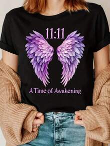 Autumn women's clothing, inspirational purple angel wing print, 180g pure cotton short sleeved women's T-shirt for autumn and winter seasons, suitable for sports, outdoor travel, and weekends, a great gift for holiday celebrations - Negro - Ver 1