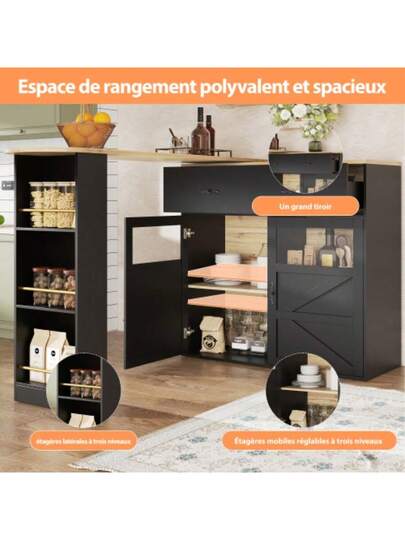 Ausziehbarer Bartisch Mit Stauraum(138 204*39*104cm) 360° Drehbare Essbar,Modern Beweglicher Bar Table,Hochtisch Kücheninsel Bistro Table, Sideboardschrank Regalen,Schwarz view 4