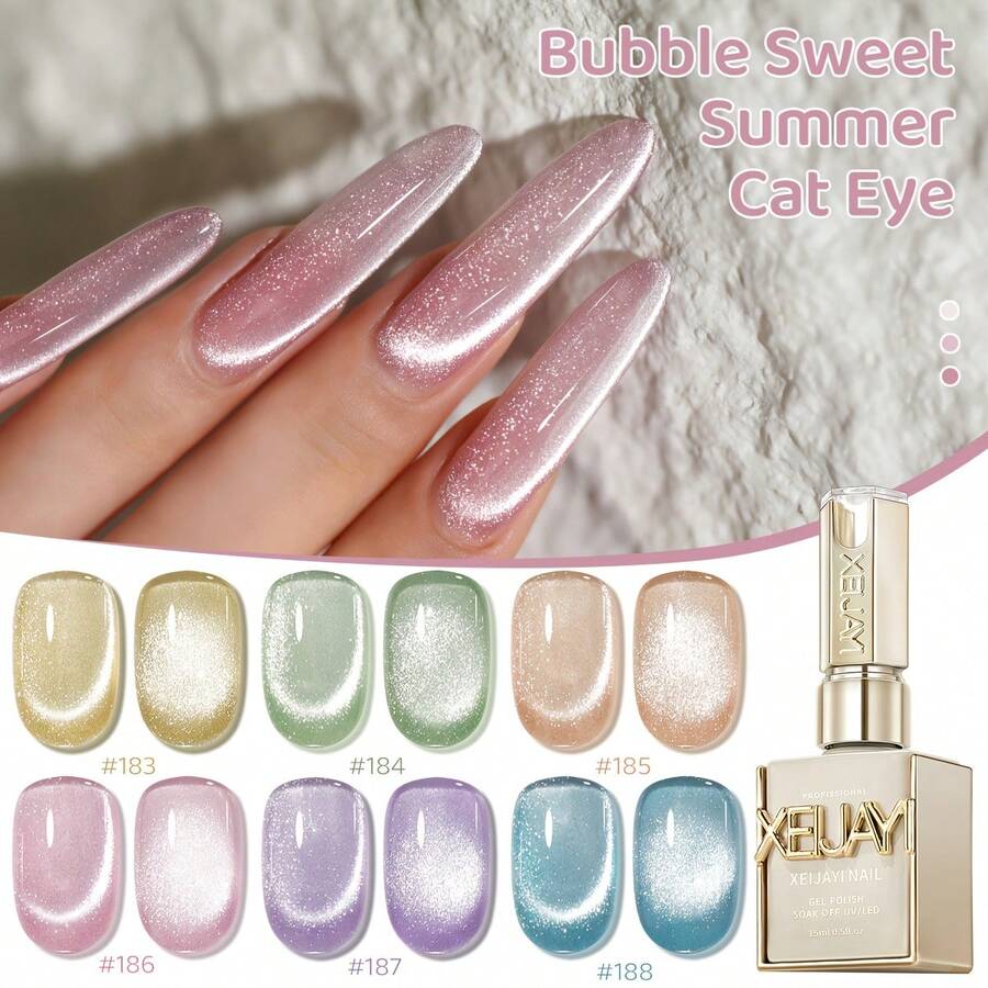 XEIJAYI Ultra-Bright Nail Gel "Bubble Sweet Summer" Cat Eye Series - 6-Color Magnetic Gel Set With Variable Iridescent Effects, Professional Salon Art Design, Dazzling & Long-Lasting Shine, Multidimensional Color Shift With Chip-Resistant Wear, For DIY Nail Art Creation - Nhiều màu - Xem 1