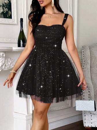 Vestido corto de mujer Unadoll con diseño de lazo plisado y tela brillante con cremallera, adecuado para vestidos de boda, Navidad, fiestas y cócteles