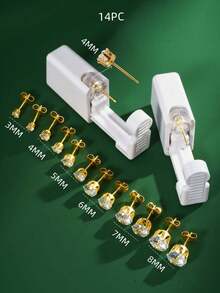 14pcs/Set Sterile Ear Piercing Kit, (2pcs Gold Tone Piercing Needles + 12pcs White Gold Tone Earrings) Super Shiny, One-Time Low Pain Ear Cartilage Piercing Gun With Built-In Earrings, Ear Beauty Tools And Accessories For Women - Gold - View 16