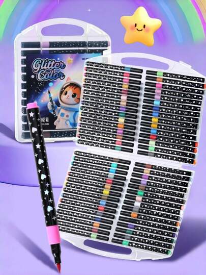 1 Set Of 12/24/36/48/60 Glitter Pens, Shiny Soft Tip Markers, Fine Tip Single Head Multi-Color Brushes, Professional Art Painting Set, Multi-Color High Quality Pens, Great Gifts For Creative Projects, School And Office Supplies, Halloween Christmas Gifts