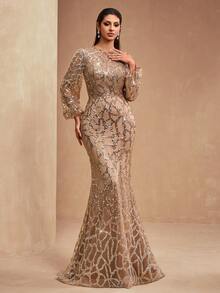 New Luxury Elegant Women's Formal Mermaid Maxi Dress With Sequins, Sequins, Lace Patchwork, Lantern Sleeves, Round Neck, Suitable For Formal Parties, Galas, Banquets - 咖啡棕 - 查看 1