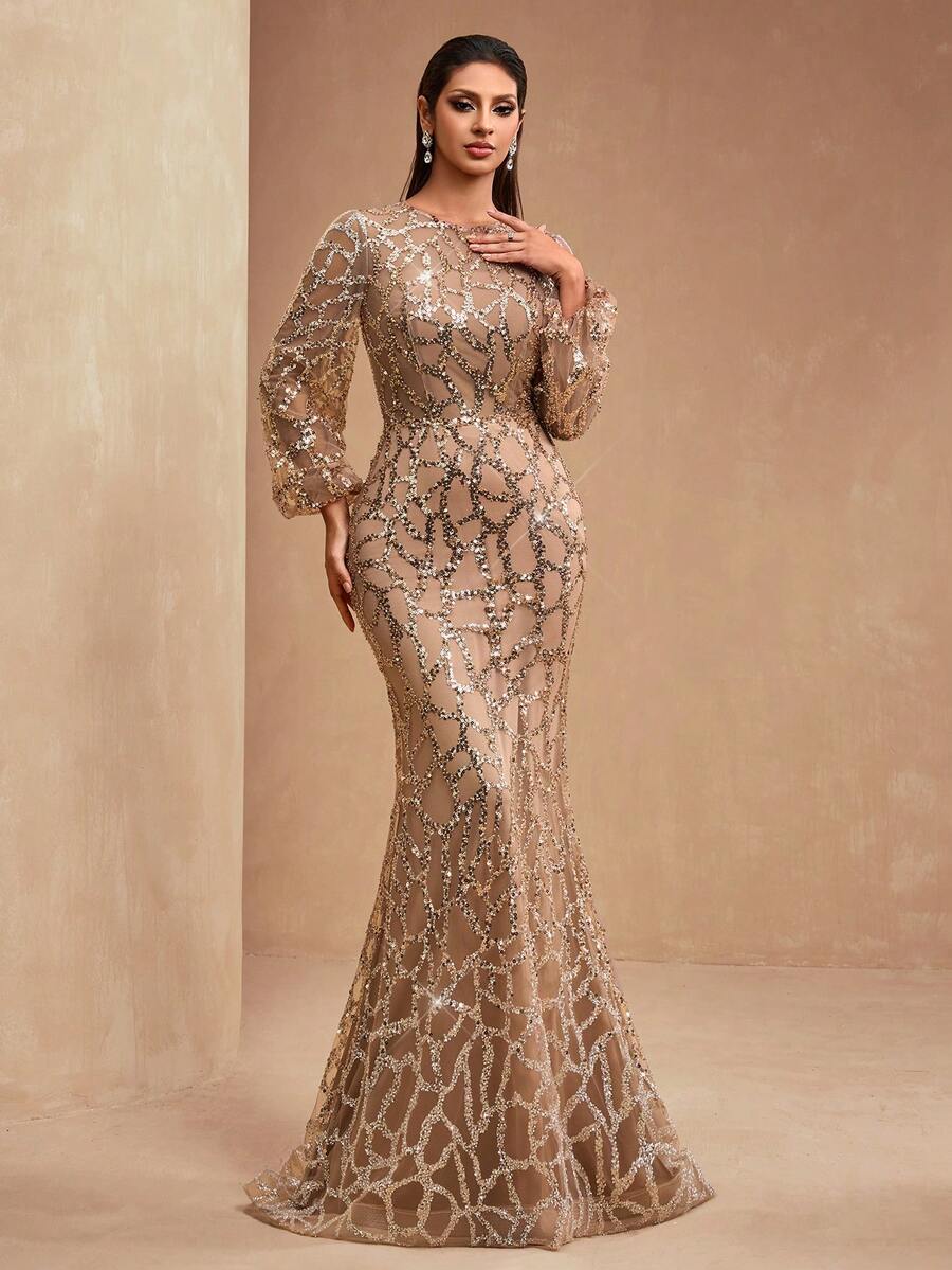 New Luxury Elegant Women's Formal Mermaid Maxi Dress With Sequins, Sequins, Lace Patchwork, Lantern Sleeves, Round Neck, Suitable For Formal Parties, Galas, Banquets - 咖啡棕 - 查看 1