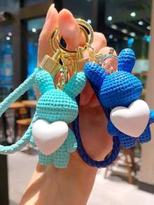 1pc Cute Cartoon Heart Knitted Car Key Chain Pendant, Couple Rabbit & Bear Keychain, Lovely Plush Christmas Gift