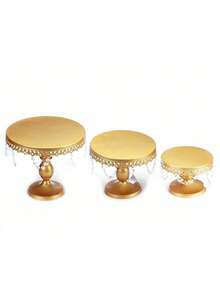 3Pcs Antique Cake Stand Set - Round Metal Cupcake Stands With Pendants And Beads - Elegant Dessert Display, For For Wedding, Birthday Party Decor - Vàng - Xem 6