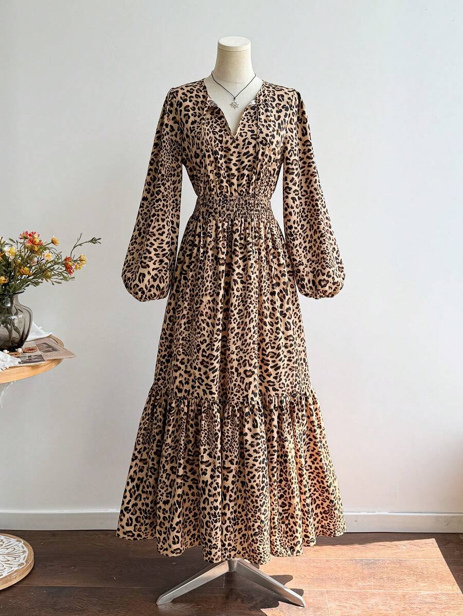 Rusttydustty Vestido de manga larga con estampado de leopardo, cintura elástica, bajo con volantes, estilo resort occidental, adecuado para festivales de música - Marrón - Ver 1