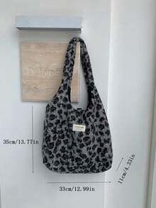 豹纹毛绒女托特包2025秋季新品通勤校园风大容量单肩包毛绒包无挂件 - 灰色 - 查看 8