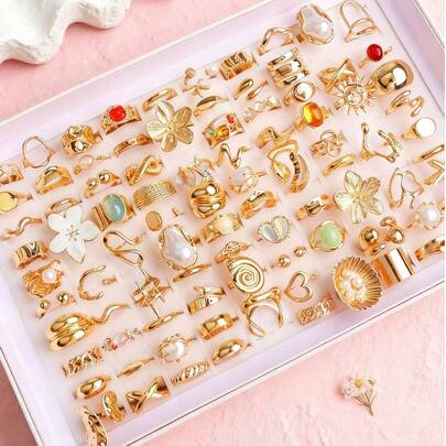 6/8/14/20件套简约可爱别致花朵戒指，不对称多元素时尚首饰，派对/生日礼物，日常配饰