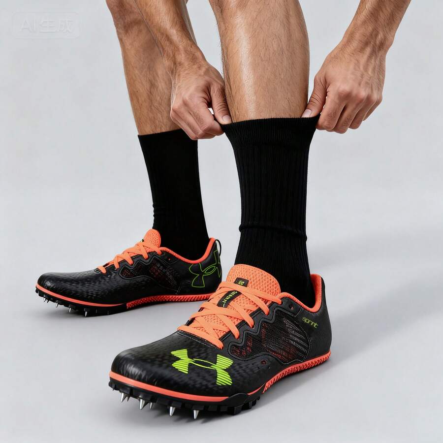 Under Armour 男式 U Kick Sprint 4 跑步鞋，轻便透气抓地训练鞋，耐用钉鞋，适合比赛，3025461-001 - 黑色/紅色/黃色 - 查看 1