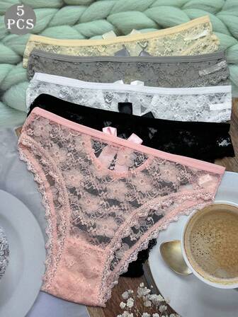 5 st. spets söta andningsbara sexiga trosor för kvinnor, rosett ihåliga stringtrosor