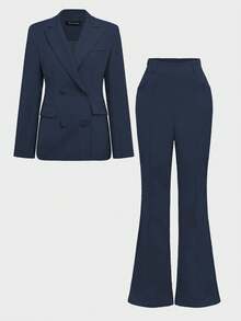 Elegant Daily Business Commute Basic Set: Waist-Cinched Regular Shoulder Long Sleeve Blazer + High-Waisted Flared Leg Pants, Suit Set Spring - Navy Blue - View 6