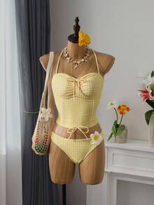 Bellisia Conjunto de 3 peças de camisola estampada xadrez feminina, top tankini e saia fofa para resort de férias