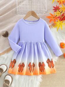 1 pieza Vestido de manga larga de tela de punto suave y cómoda con estampado de letras en inglés, pavo, flores y hojas de temática de Acción de Gracias para niñas, adecuado para uso al aire libre en otoño/invierno - Multicolor - Ver 1