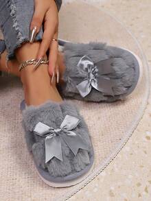 Women's Simple Casual Cute Bowknot Plush Slip-On Slippers, Lightweight Soft Sole Indoor House Slippers With Warm Lining, Suitable For Living Room And Bedroom, Spring/Autumn