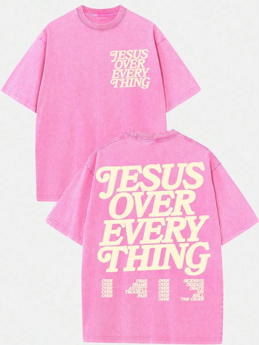 (230g T-Shirt)Men's Washed Cotton "Jesus Over Everything" Religious Graphic Tee, Oversized Casual Crewneck Short Sleeve T-Shirt, Retro Soft Breathable All - Season Top - 粉色 - 查看 1