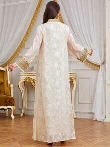 Abito da donna con scollo a V ricamato, elegante per la celebrazione di Eid Al-Fitr e Eid Al-Adha in primavera - Albicocca - Visualizzare 2
