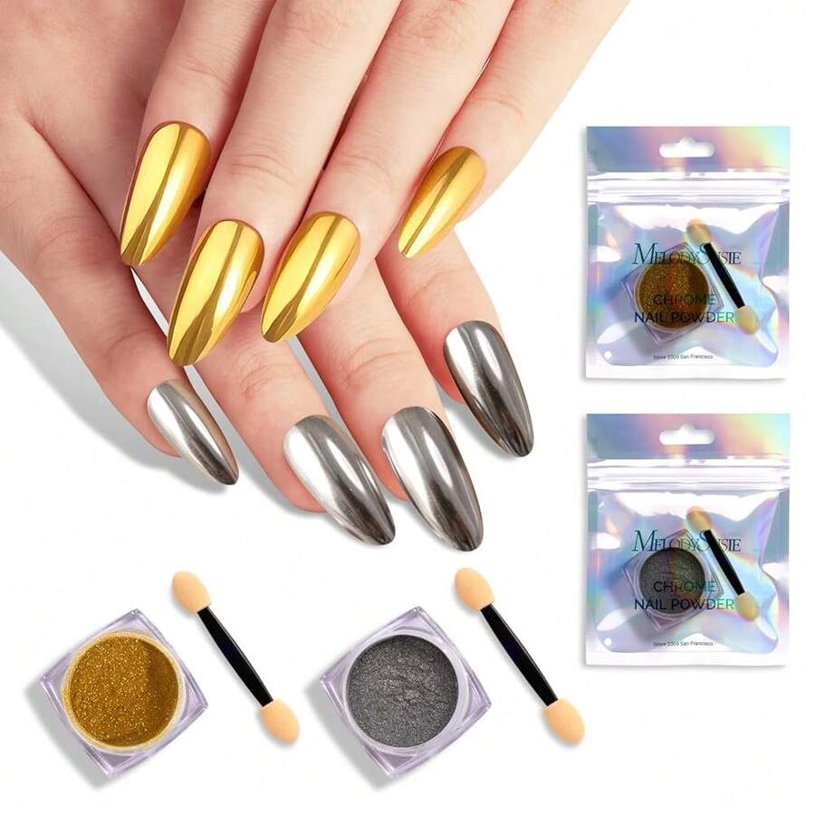 MelodySusie 2Pcs Chrome Nail Powder For Gel Nails,Metallic Mirror Effect Pigment Stylish And Technological Fine Glitter For Home DIY Salon Use{"Color_name":"SliverandGold"} - 銀與金 - 查看 1