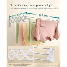 Secadora de Ropa, Tendedero de Pared, Tendedero Acorden, 9 Varillas Escalonadas, Extensible y Plegable, Acero, Negro Tinta MLLR802B01 - Blanco Nube + 61.3W cm - Ver 5