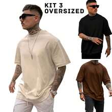 KIT 3 Men's Oversized Plain T-Shirts – Premium Cotton, Comfort, Style, Streetwear, Casual, High Quality - 棕黑色米色 - 查看 1