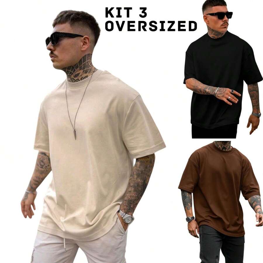 KIT 3 Men's Oversized Plain T-Shirts – Premium Cotton, Comfort, Style, Streetwear, Casual, High Quality - 棕黑色米色 - 查看 1