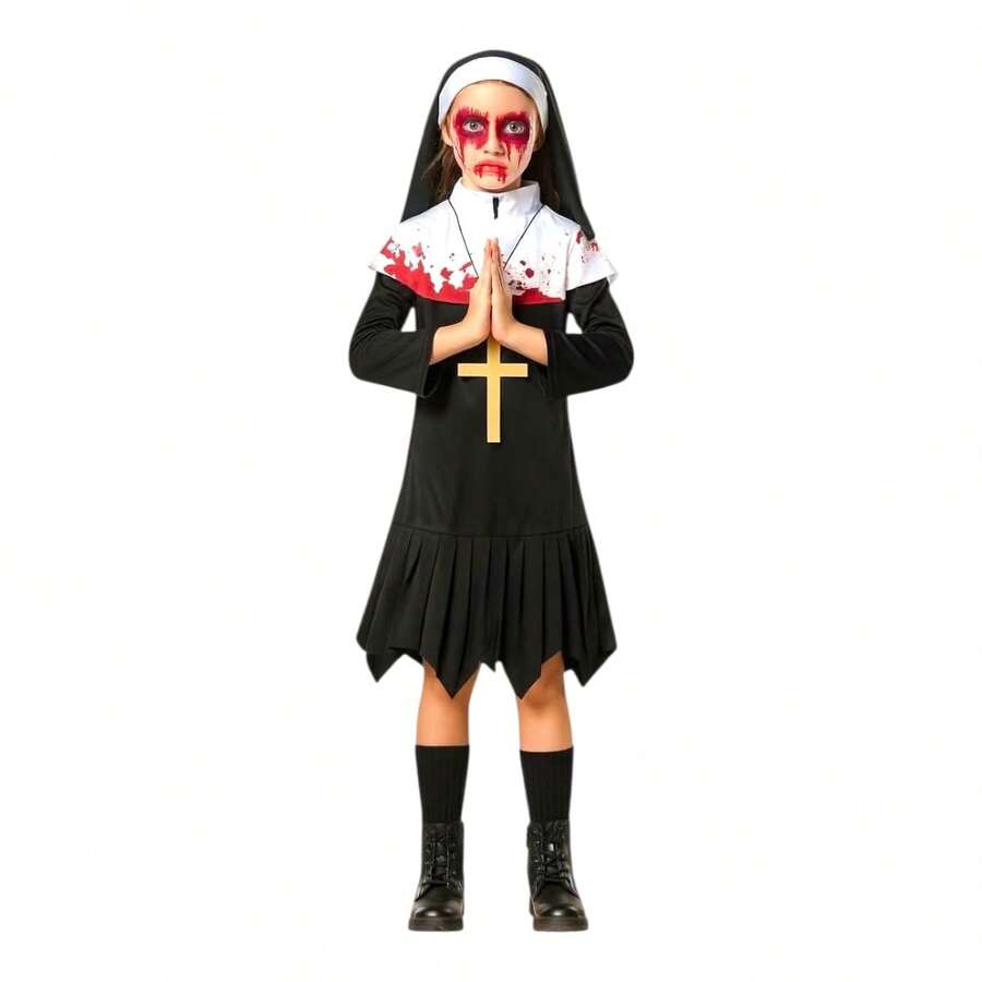 DISFRAZ HALLOWEEN O DIA DE MUERTOS MONJA SANGRIENTA PARA NIÑAS, INCLUYE CRUSIFIJO - Negro - Ver 1