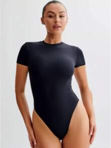 Kit 2 Women's Bodysuits, Short Sleeve, Round Neck, Plain Suplex, Double Lining - Đen và Nude - Xem 3