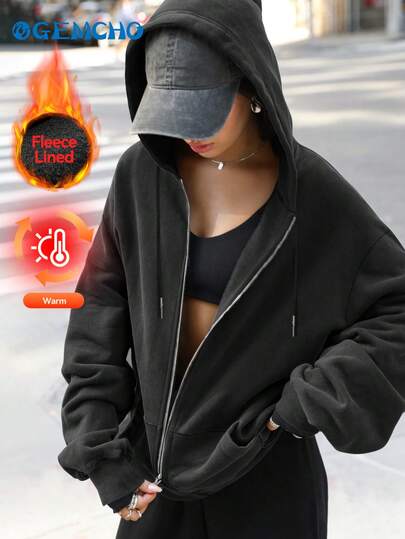 GEMCHO Women's Casual Loose Open Front Drop Shoulder Drawstring Hooded Sweatshirt Jacket With Pockets, Suitable For Daily Commute/Casual Outing/Home/Workout, Warm And Comfortable - Autumn/Winter