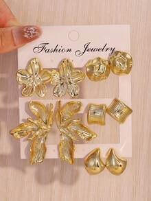 2/10pcs Symmetric Floral Petal Stud Earrings Set, Gold Plated, Suitable For Daily Wear And Gift For Family/Friends