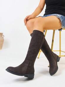 2025 Botas Femininas de Cano Longo com Salto Tratorado e Bico Redondo, Última de Outono/Inverno, Com Zíper Lateral, Casual, Confortável, Sexy, Versátil, Elegante, Cor Sólida, Camurça, Haste Reta, Adequadas para Festa, Dança, Festival de Música, Viagem ao Ar Livre, Transporte