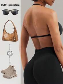 Yefecy Impact Strappy Bra 健身上衣 女式高支撑 Impact 细肩带吊带运动无缝胸罩 紧身健身瑜伽背心 - 黑色 - 查看 6