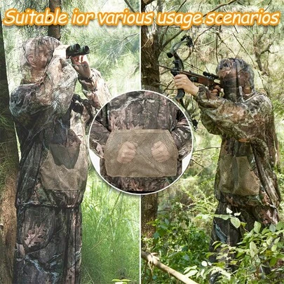 一套带口袋的吉利服，提供全方位防护，迷彩服，可用于户外狩猎、钓鱼、观鸟、摄影等活动。