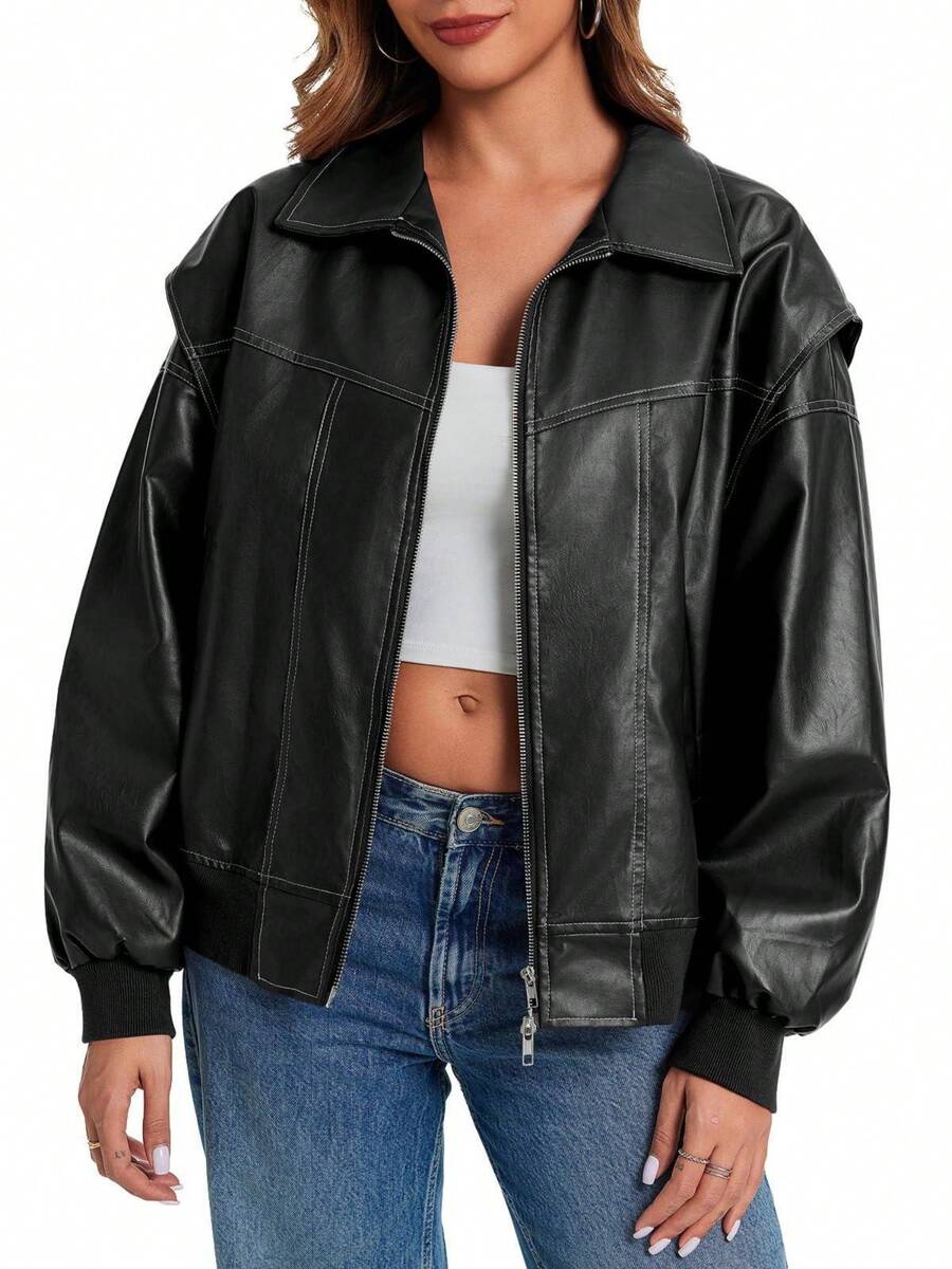 Women Oversized Leather Bomber Jacket With Zip-Up And Pockets, Motorcycle Style Coat - 黑色 - 查看 1