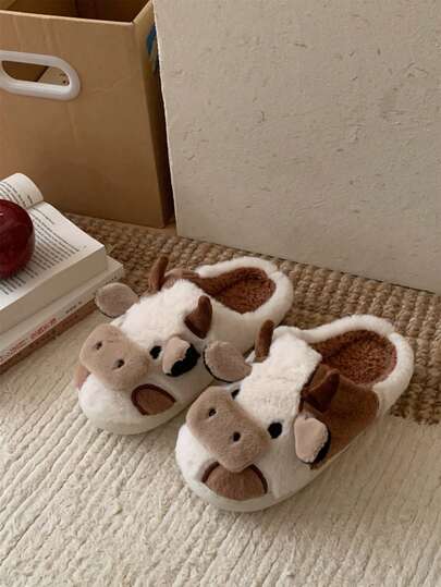 XIXITIAO 1 Pair Cute Cow Print Slip-On Slippers, Soft Plush Lining, Warm Indoor Shoes, Colorblock, Anti-Slip Sole, Suitable For Home, Winter