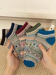 5 Pairs Women's Bohemian Retro British Style Warm Short Socks, - Multicolor - View 2