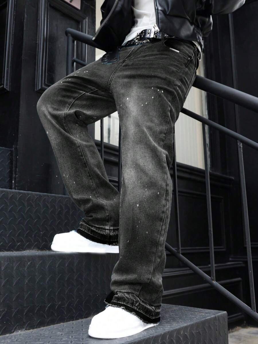 Flared Jeans, Stretch Denim Jeans, Skinny Jeans, Distressed Washed Denim Jeans, Versatile & Fashionable Cotton Product, Slant Pockets Washed Denim - Black - View 1