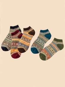 5 Pairs Vintage Style Casual Ankle Socks, Comfortable & Fashionable Pattern Short Socks, Suitable For Spring And Autumn - Multicolor - View 3