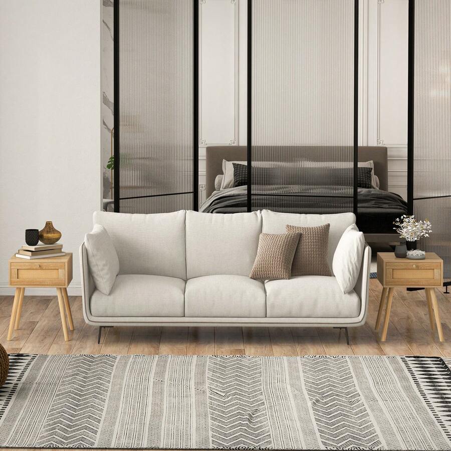 GOFLAME 2 PCS Rattan Nightstand Boho Bedside Sofa Table Modern Wood End Table - Khaki - View 1