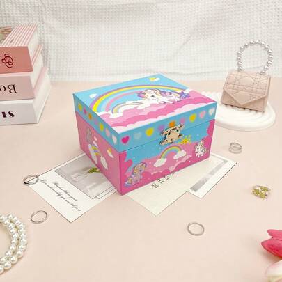 صندوق موسيقى مربع من الورق بتصميم وحيد القرن أزرق مع حصان دوار ومرآة، صندوق تخزين، صندوق موسيقى للمجوهرات لمناسبات عيد الميلاد والزفاف