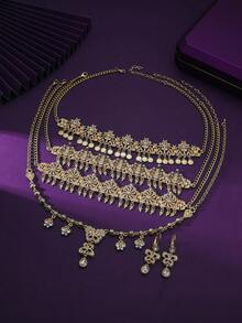 A Set Of Fashion Jewelry Headdress Combination With Necklace And Earrings, Variety Of Colors And Styles Suitable For Wedding, Daily Wear, Party - Gold Style, White Rhinestone, Versatile Bridal Accessory Set