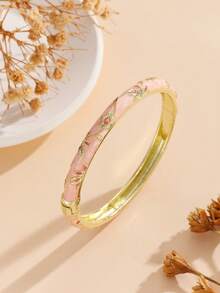 1pc Fashionable New Gold-Plated Small Flower Enamel Bangle, Suitable For Girls And Women - Pink - View 3