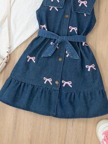 女童春夏牛仔蓝色翻领水洗连衣裙配腰带，搭配古铜色纽扣和蝴蝶印花，适合日常休闲穿着 - 藍色 - 查看 6