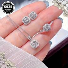 4-Piece Elegant 925 Silver Moissanite Jewelry Set - Simple Luxury Style, Including Open Ring, Earrings, Necklace, Perfect Gift Choice For Casual Outfits - 4PCS(項鍊+戒指+耳環) - 查看 2