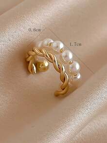 1 chiếc khuyên tai hình chữ C bằng kim loại bện ngọc trai sang trọng thiết kế tối giản - Vàng - Xem 3