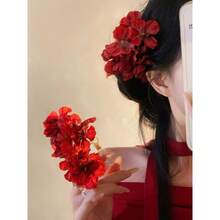 1/2pcs Red Flower U-Shaped Hair Clip, Unique Chinese Style Hair Accessory, Suitable For Cheongsam, Hair Accessories, New Year Glamour