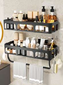 1 raft de baie montat pe perete, un raft de depozitare suspendat din plastic, potrivit pentru accesorii de baie, articole de toaletă și suporturi pentru periuțe de dinți, ușor de instalat fără găurire, ideal pentru utilizare în case și băi de hotel.