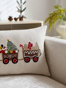 1pc Christmas Gingerbread Man & Christmas Train Embroidered Throw Pillow Cover, Suitable For Indoor Decor, Christmas Decorative Pillow Case, Pillow Insert Not Included
