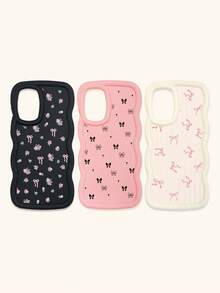 Black White Pink Bowknot Fashion Phone Cases 3pcs Dopamine Themed Wavy Edge Bowknot Pattern Phone Cases Compatible With IPhone & Galaxy Phones Spring Gift - Multicolor - View 31